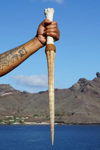 Swordfish rostrum on a Tiki pedestal - Cannibal Art