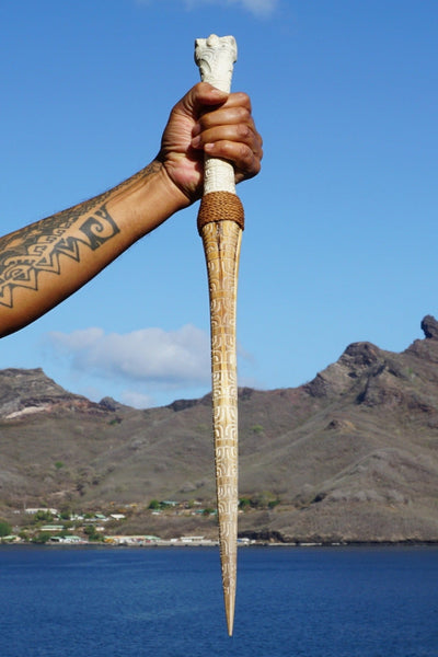 Swordfish rostrum on a Tiki pedestal - Cannibal Art