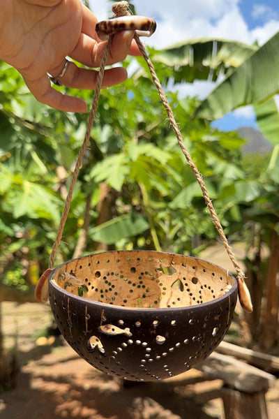Hand - Carved Coconut Hanging Bowl - Cannibal Art