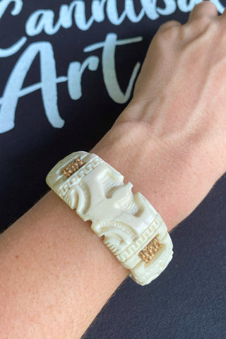 Hand-carved Etua bone bracelet with two Tikis, made in Nuku Hiva