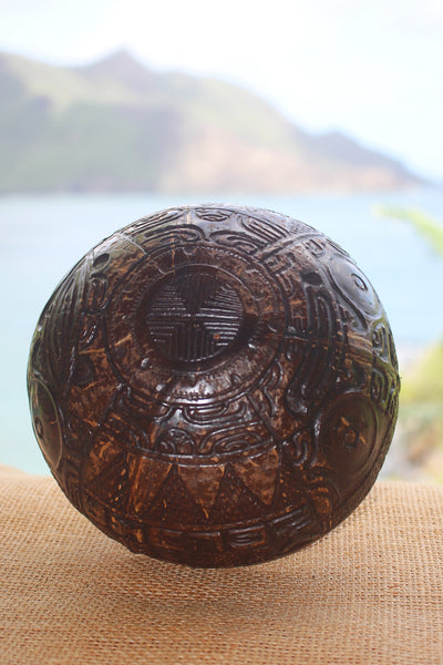 Fully carved and personalized Marquesan coconut bowl from Nuku Hiva Island