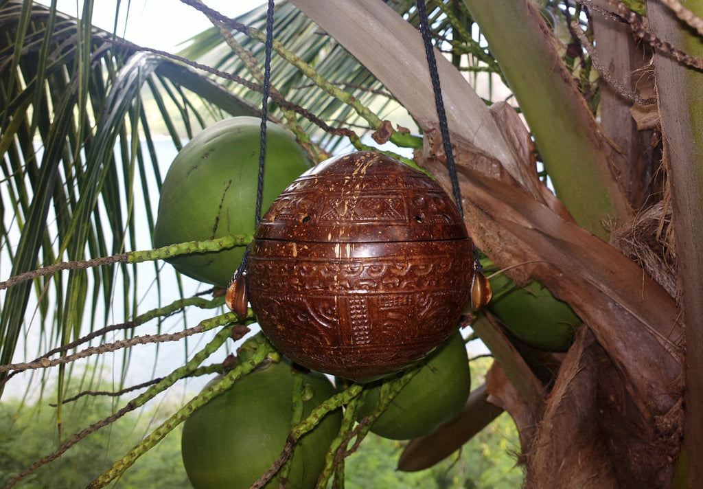 coconut palm leaf bag Marquesan carved coconut bag – Cannibal Art