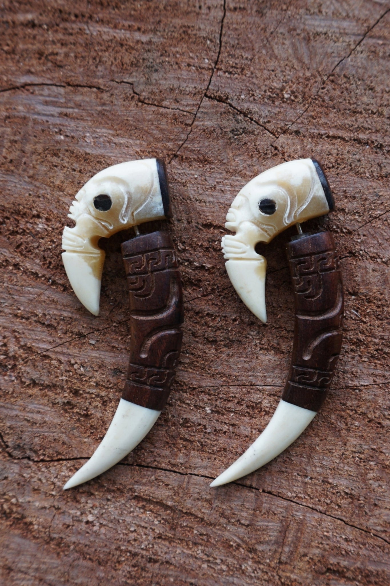 Marquesan tiki earrings bone and rosewood
